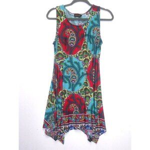 Reborn Womens dress paisley teal red Sz M Asymmetrical Sleeveless Multicolor EUC